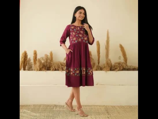 FLORAL EMBROIDERY ON WINE MOM AND DAUGHTER RAYON DRESSES (2)