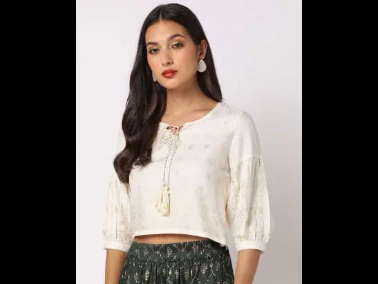 Foil Print Top with Neck Tie-Up