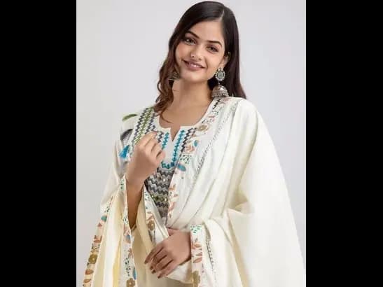 Off White Floral Yoke Desig Mirror Work Pure Cotton Kurta & Sharara With Dupatta (4)