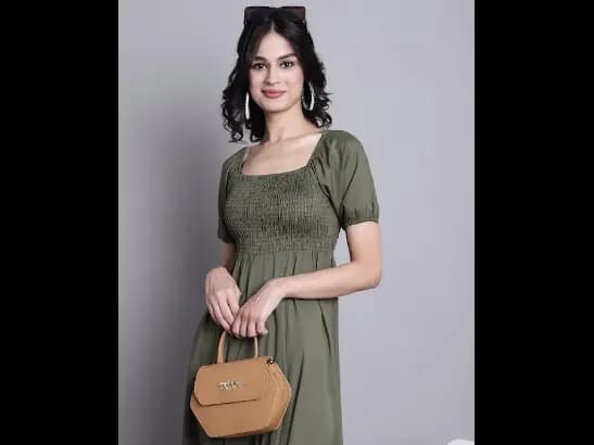 Square Neck Puff Sleeves Smocked Fit & Flare Midi Dress (2)