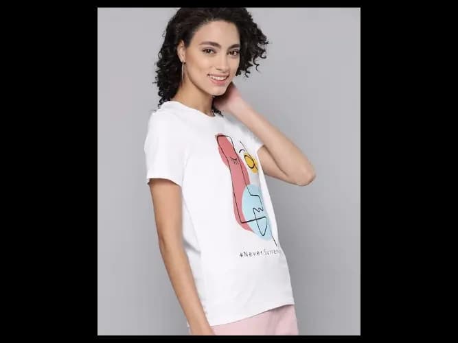 Women White Printed Pure Cotton Round Neck T-shirt (2)