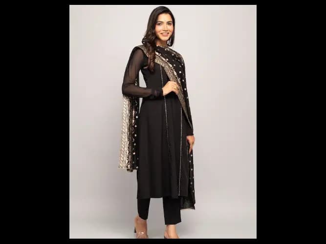 Crepe A-Line Kurta With Trousers & Dupatta (2)