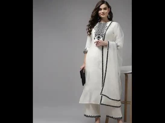 White Floral Yoke Design Regular Mirror Work Kurta with Palazzos & With Dupatta