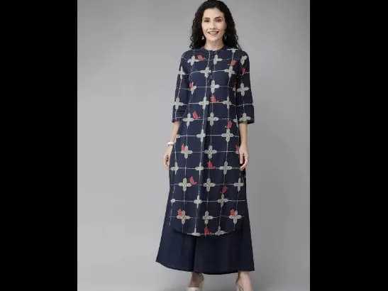 Navy Blue & Beige Printed Kurta with Palazzos