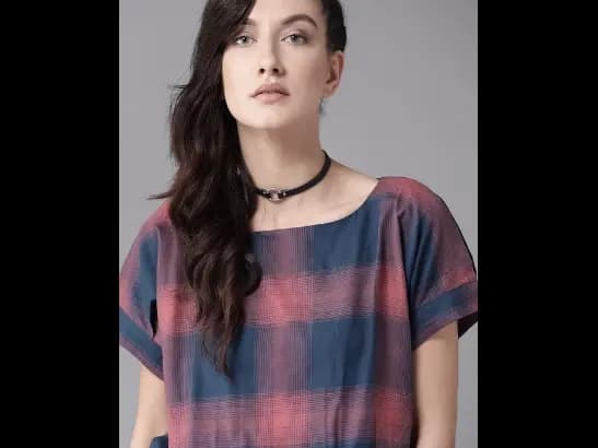 Navy Blue and Pink checked woven high low top