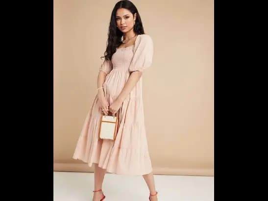 Beige Striped A-Line Midi Dress