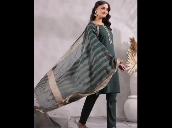 Ethnic Motifs Emrboidered Sequined Pure Cotton Kurta with Trousers & Dupatta