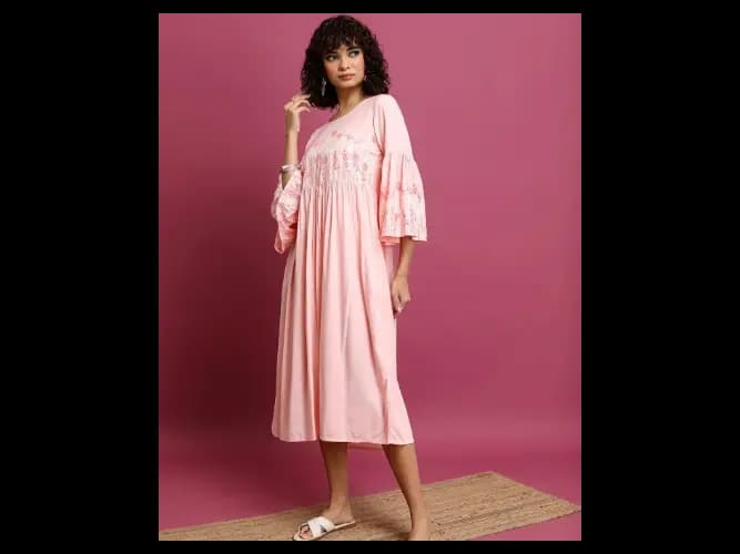 Pink Floral Printed Bell Sleeve Pleated A-Line Midi Dress (4)
