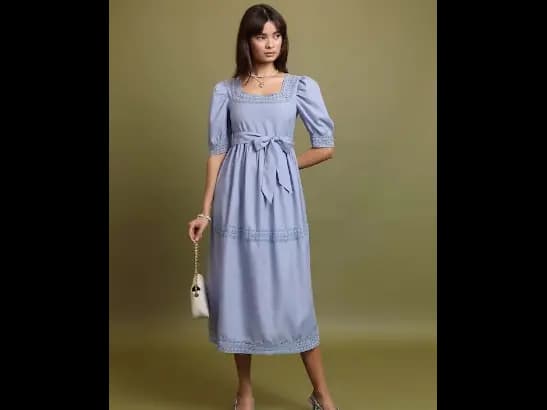 Blue Square Neck Puff Sleeve Tie Up Lace Inserts A-Line Dress