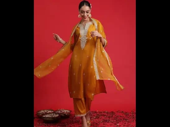 Ethnic Motifs Embroidered Sequinned Straight Kurta & Trousers With Dupatta
