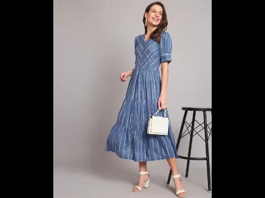Striped Tiered Dress with Mandarin Collar
