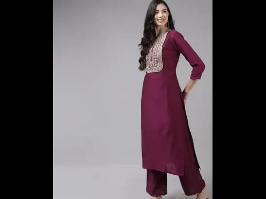 Purple & Gold Striped Yoke Thread Work Liva Straight Kurta Trousers & Dupatta (2)