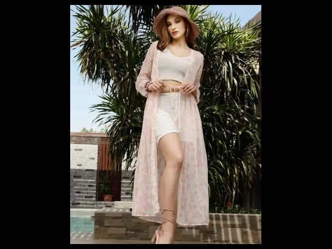 Women White & Pink Printed Longline Tie-Up Shrug