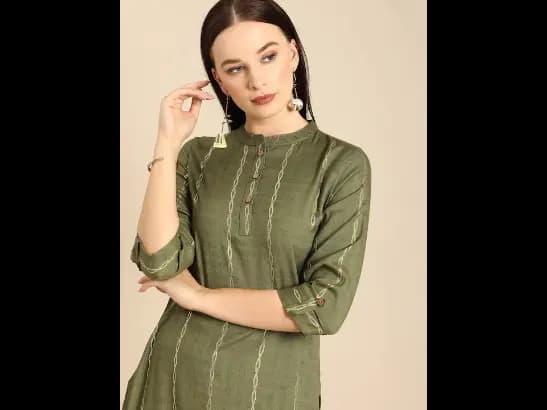 Olive Green & Gold-toned Geometric Foil Printed Kurta (2)