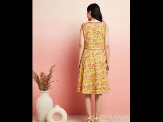 V-Neck Floral Printed Angrakha Style A-Line Cotton Above Knee Dress (4)