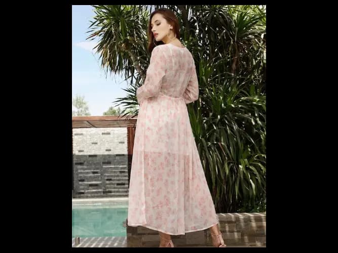 Women White & Pink Printed Longline Tie-Up Shrug (3)