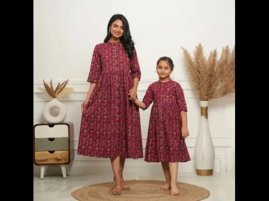 HAND BLOCK PRINT MAROON FLOWER MOM AND DAUGHTER DRESSES