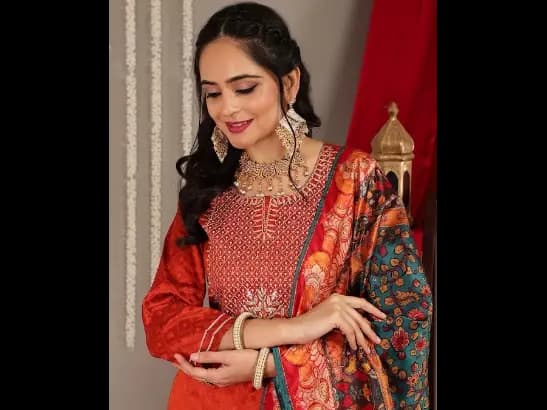 Rust Yoke Design Kurta with Trousers & With Dupatta (3)