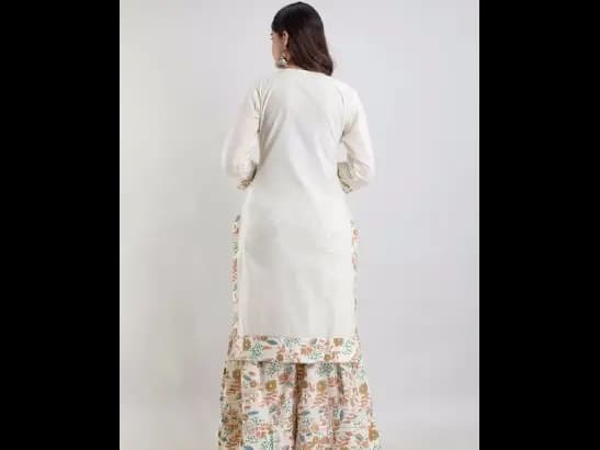 Off White Floral Yoke Desig Mirror Work Pure Cotton Kurta & Sharara With Dupatta (3)