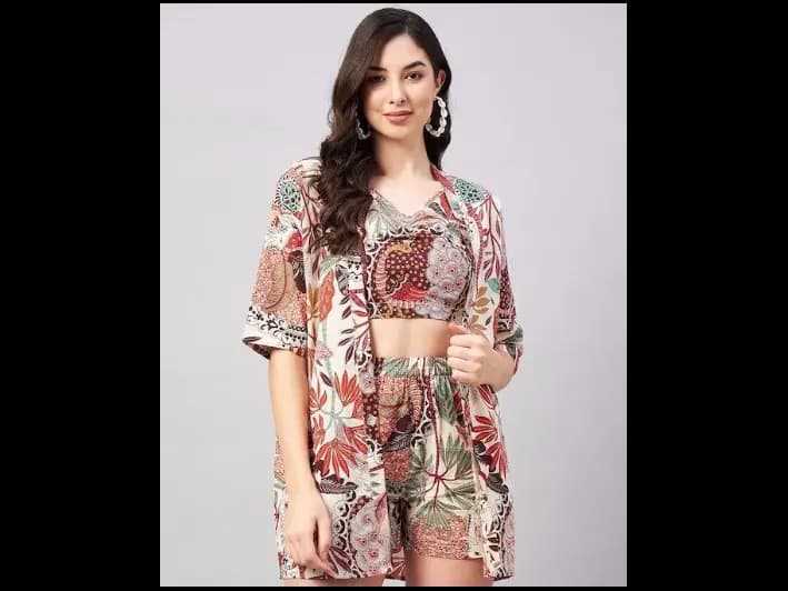 Ethnic Motifs Printed Pure Cotton Top With Shorts & Jacket