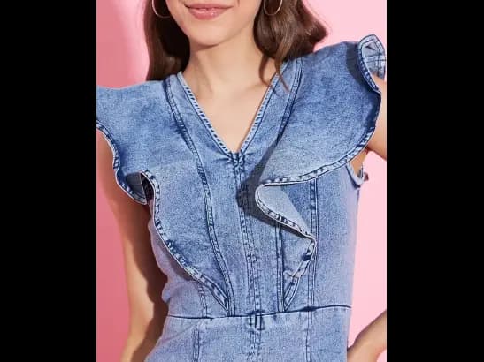 Blue V-Neck Ruffled Denim Sheath Dress (3)