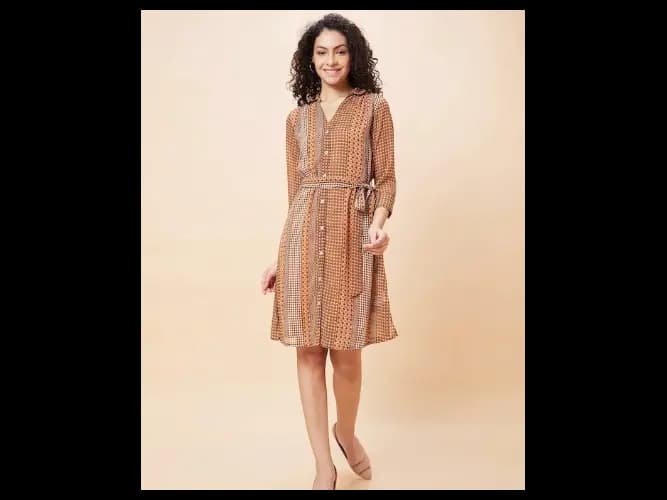 Geometric Printed Belt Detailed Shirt Collar Shirt Style Dress (2)