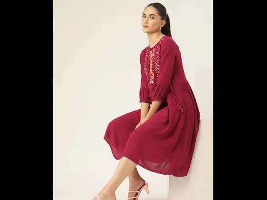 Red Floral Yoke Design A-Line Dress (2)