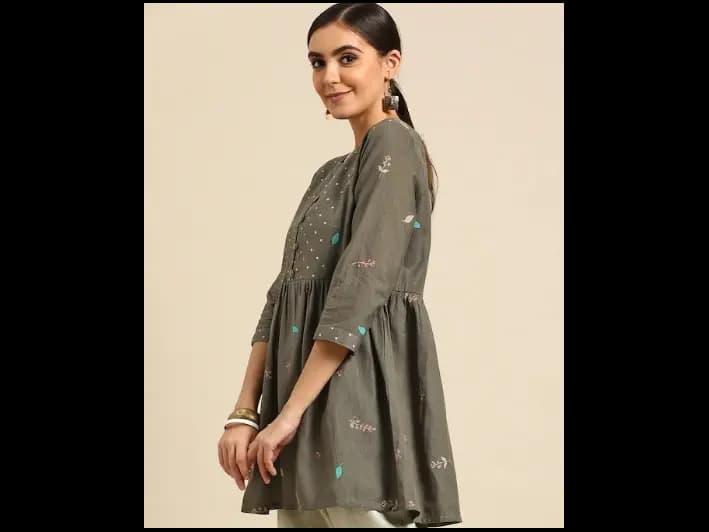 Grey & Pink Pure Cotton Floral Printed Kurta (5)