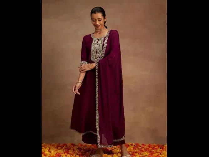 Purple Floral Yoke Design Regular Kurta with Palazzos & With Dupatta