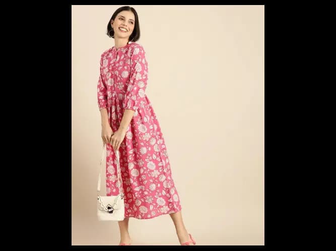 Women Pink & White Floral Printed Gathered Ethnic A-Line Midi Dress (2)