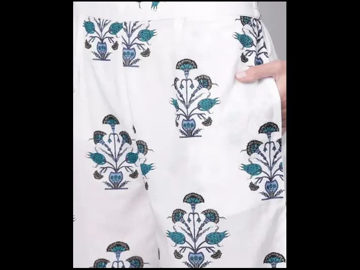 White & Navy Blue Floral Printed Kurta with Palazzos & Dupatta (4)