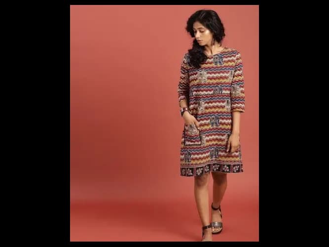 Beige & Maroon Hand Block Print Kalamkari A-Line Pure Cotton Sustainable Dress (2)