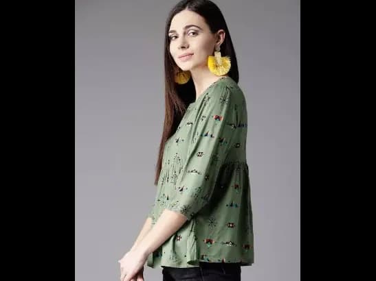 Olive Green & Blue Geometric A-Line Top with Gathered Detail