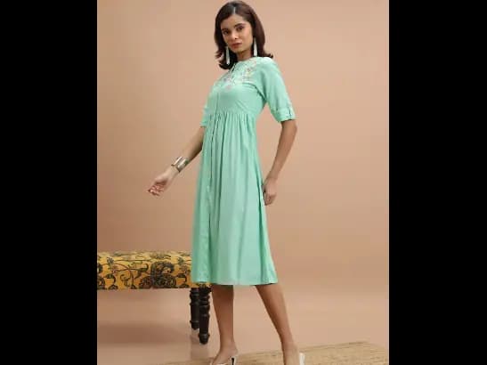 Turquoise Blue Floral Embroidered A-Line Midi Dress (2)