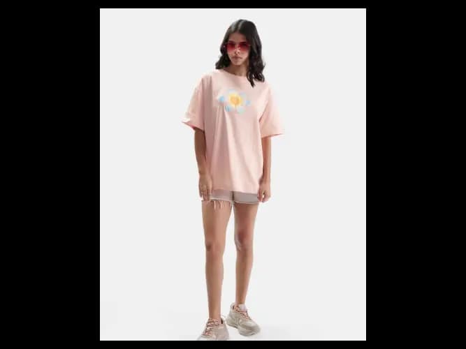 Women Yellow Printed Drop-Shoulder Sleeves Oversized T-shirt (5)