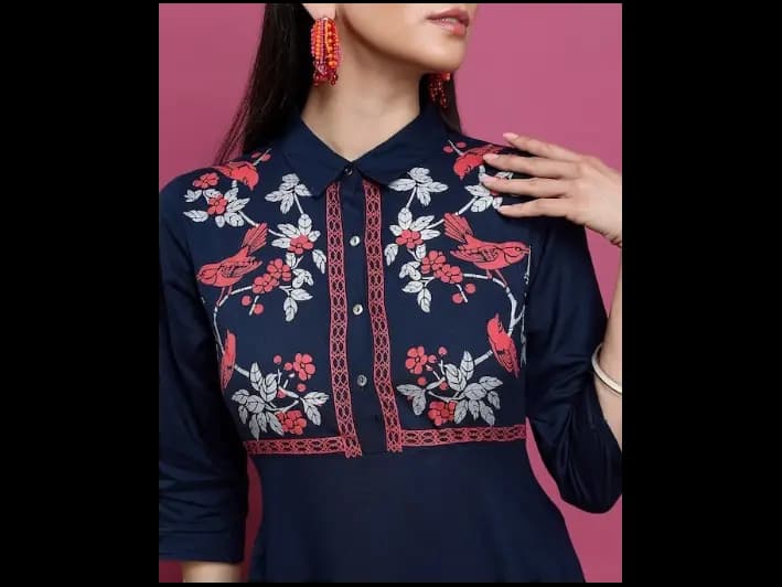 Floral Printed Yoke Design Shirt Collar Three-Quarter Sleeves Anarkali Kurta (3)