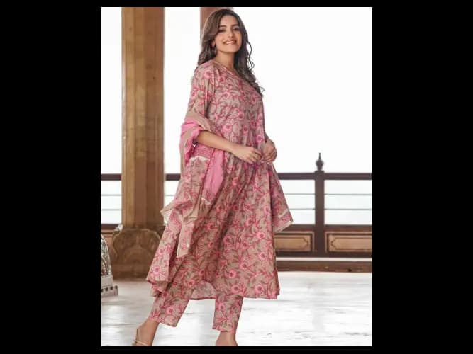 Floral Printed Pure Cotton Anarkali Kurta With Trouser & Dupatta (2)