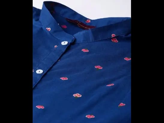 Navy Blue & Coral Pink Floral Printed Cotton A-Line Dress (2)