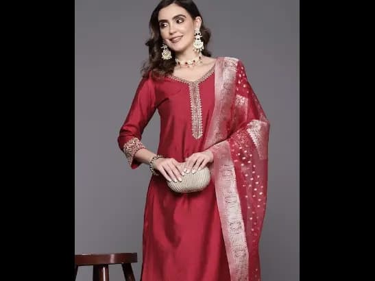 Yoke Design Regular Sequinned Liva Kurta with Trousers & With Dupatta (3)