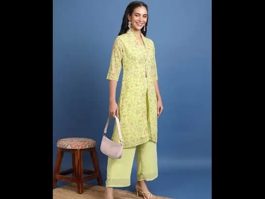 Lime Green Printed Crop Top & Jacket With Palazzos (2)