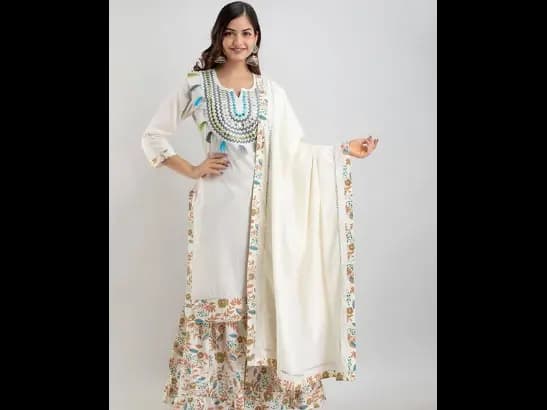 Off White Floral Yoke Desig Mirror Work Pure Cotton Kurta & Sharara With Dupatta
