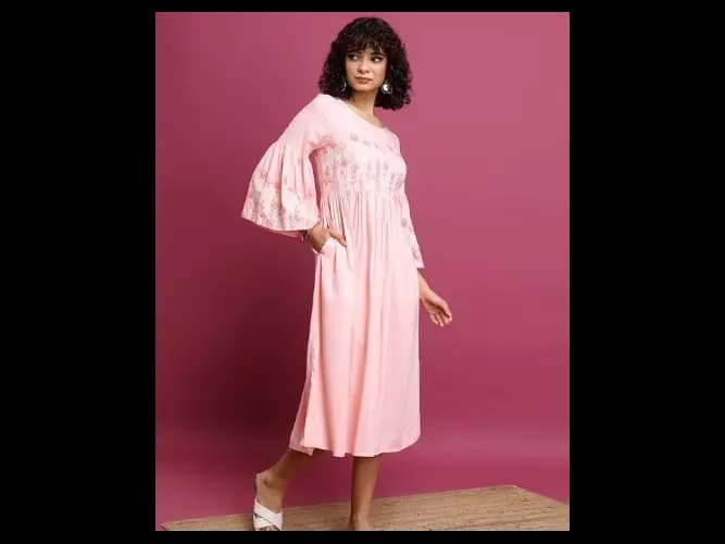 Pink Floral Printed Bell Sleeve Pleated A-Line Midi Dress (3)