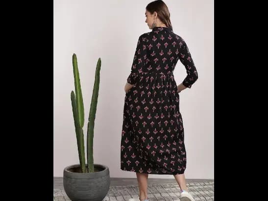 Black Printed Shirt Collar Kurta With Pintuck Detail (2)