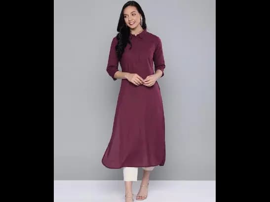 Women Burgundy Cotton Solid Pathani Kurta