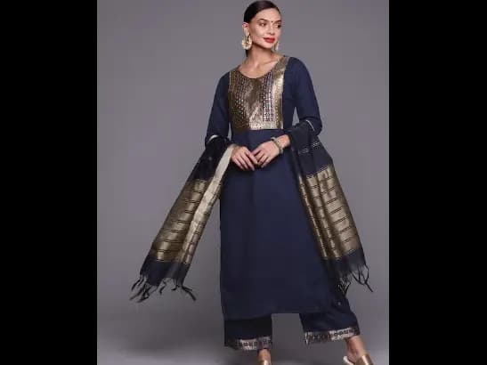 Women Navy Blue Yoke Design Kurta with Palazzos & With Dupatta