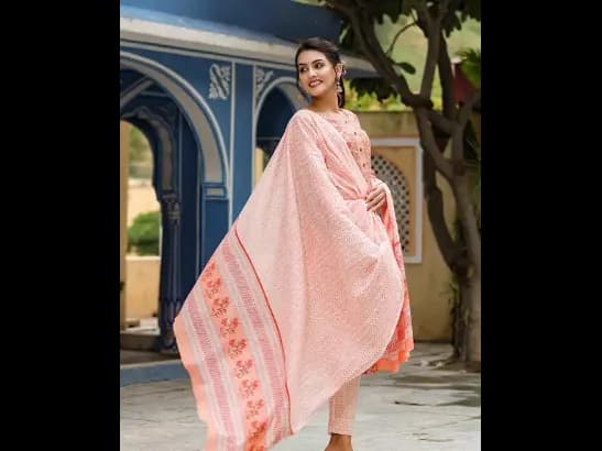 Peach-Coloured Ethnic Motifs Printed Kurta with Trousers & With Dupatta