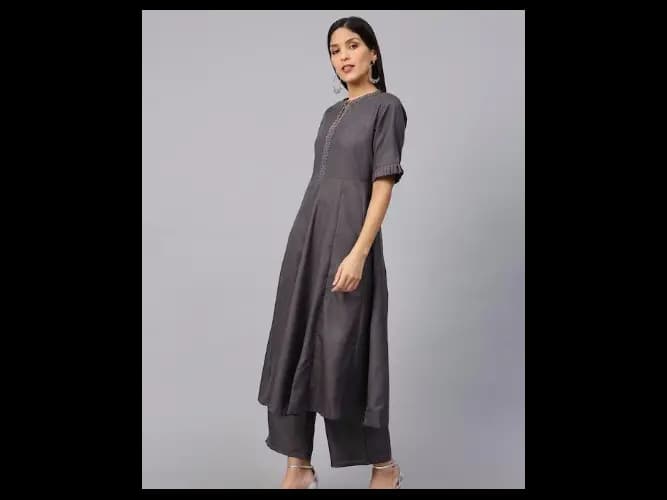 Women Charcoal Grey Solid Kurta with Palazzos & Dupatta (4)