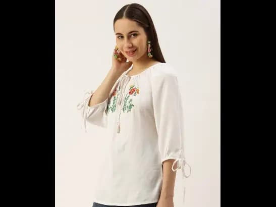 Floral Embroidered Tie-Up Neck Longline Top (2)
