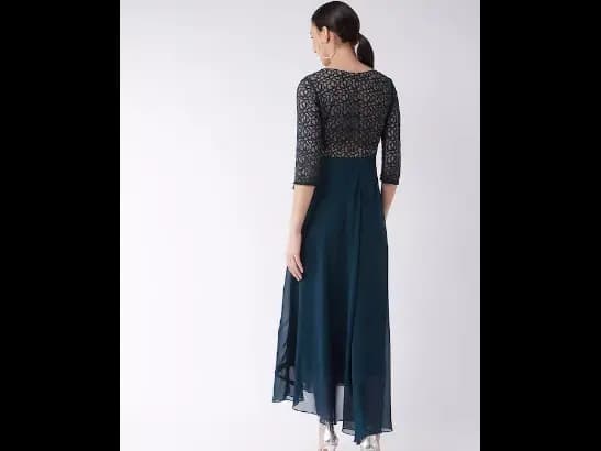 Blue & Gold-Toned Georgette Lace Overlay Maxi Dress (4)