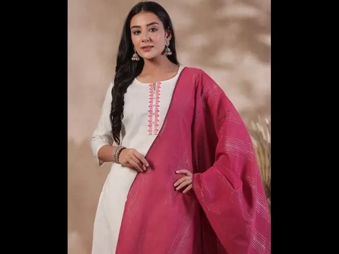 Ethnic Motifs Embroidered Thread Work Pure Cotton Kurta With Trousers & Dupatta (5)